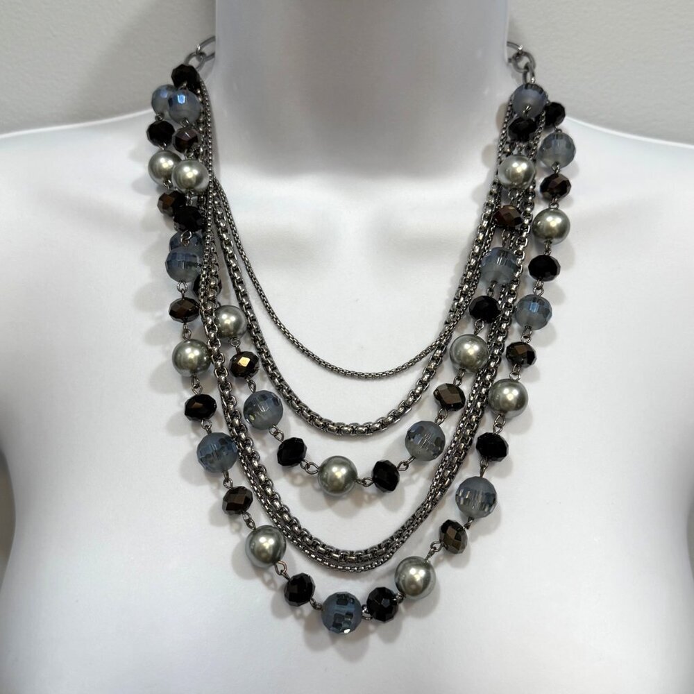 Simply Vera Wang Layered Glass Bead Statement Necklace Silvertone Blue Gray Boho